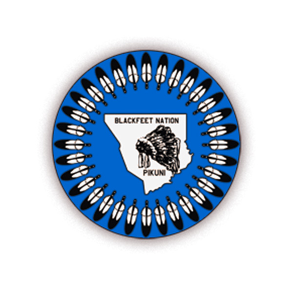 Blue circle surrounded by feathers, a man with a headdress in the center with text Blackfeet Nation Pikuni