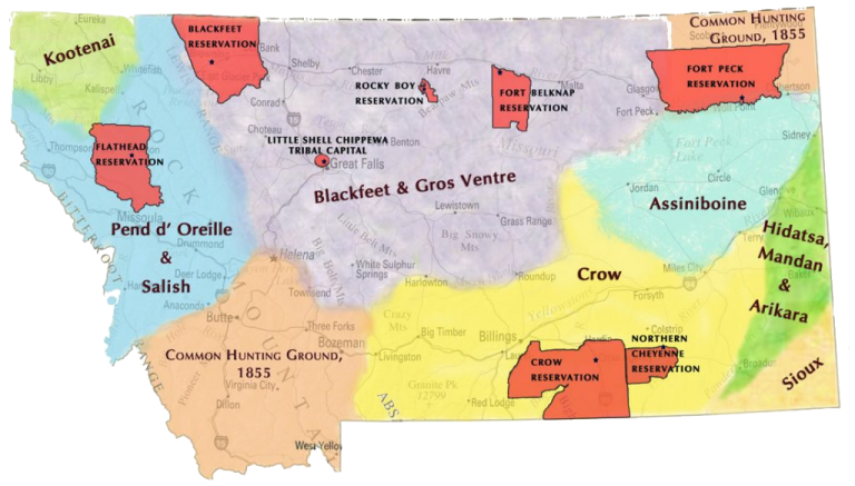Map depicting the reservations and traditional homelands of Montana Sovereign Nations