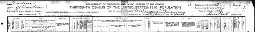 Detail of 1910 Census, Billings, MT, Enumeration District 244 Sheet 1A.