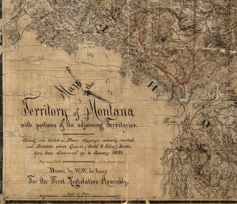 Map of the territory of Montana, with portions of the adjoining territories : showing the gulch or placer diggings actually worked and districts where quartz (gold & silver) lodes have been discovered up to January 1865. De Lacy, W. W. (Walter Washington), 1819-1892. B-1.