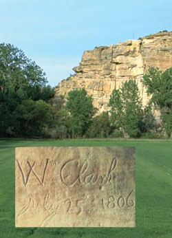 Pompey's Pillar with inset of W.A. Clark's signature on the pillar